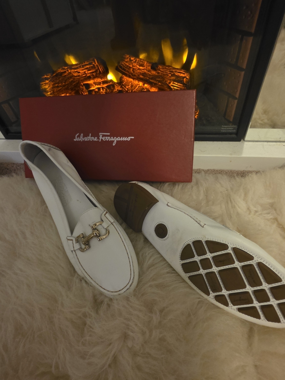 Salvatore Ferragamo White Leather Bit Loafers with Gold Hardware